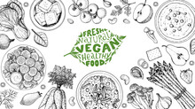 Vegan Food Frame. Hand Drawn Vector Illustration. Menu Design Template. Vegan Food Sketch. Vintage Design Template. Product Design. Great For Packaging, Recipe Book, Menu. Vegetarian Food Sketch.