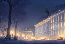 Beautiful Winter Palace With Bathing Places And Columns. 3D Illustration