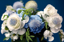 Colorful Bouquet Classic Blue, White Roses, Thistle Flowers And Greenery.