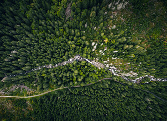 Aerial photo of green forest with curved mountain river by drone from very high altitude. Top view of peaceful forest in summer time