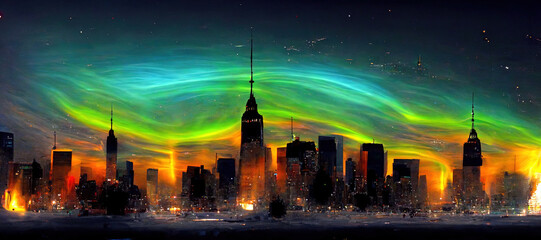 Aurora Borealis over the New York Skyline AI 