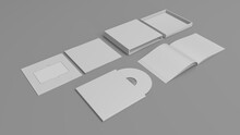 Music Album Mockup Set. Set Box Contents Booklet Cd, Cd Cover. Set Of White Mockup On Gray Background. Music Card. 3D Render Music Album Set.