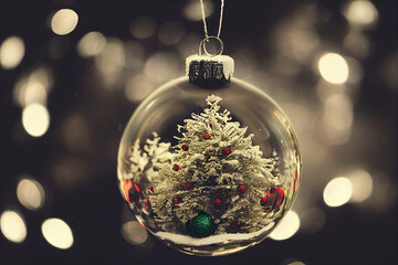 Glass globe in snow with Christmas decoration and colorful background. Christmas glass ball. Selective focus. AI generated image.