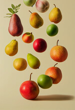 Falling Fruit Composition, Backdrop, Apples, Oranges And Other Fruits. Image With Fruit Assortment For Creatives And Advertisements. 3D Illustration

