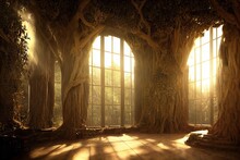 Elven Castle Interior Architecture, Beautiful Giant Indoor Tree With Ornate Trunk And Golden Leaves, God Rays