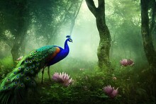 Peacock In Front Of A Forest