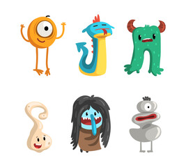 Canvas Print - Cute Cartoon Monsters with Smiling Faces and Funky Shapes Vector Set