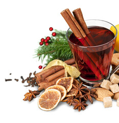 Sticker - Glass with Hot red mulled wine for winter and Christmas with orange slice, anise and cinnamon sticks isolated on white background