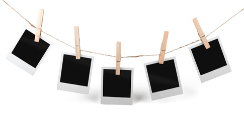 Poster - Five Blank Polaroid Frames Hanging on Twine Attached with Clothespins - Isolated