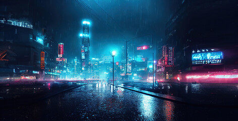 Aufkleber - Futuristic cyberpunk city in the dark. Modern buildings, on the background of neon signs, reflection in puddles. Panoramic view. 3D illustration