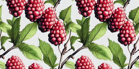 Wall Mural - Seamless raspberry pattern with summer berries, fruits, leaves. Vintage botanical 3d illustration for printing fabric, wrapping paper, packaging.