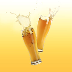 Two glasses of beer toasting with splash on color background