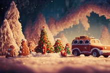 3D Rendering Of A Gingerbread Town At Christmas. Food Illustration With Gingerbread Car With Frosting And Christmas Tree In The Background. Sweet Ginger Seasonal Cookie Handmade City. Seasonal Desert.
