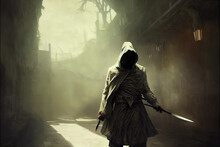 Assassin In A Raincoat With A Knife, Hooded Assassin With A Knife Fantasy Illustration