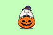 Cute cartoon illustration rice chinese japanese character hiding in the scary pumpkin halloween