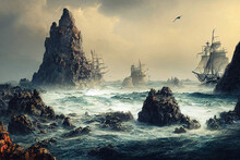 Fantasy Dreamland Stranded Pirate Ship On Ocean Water, With Digital Concept Art. Heroic Fantasy Painting, Vivid Color.