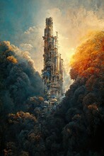 Magic Epic Landscape With Building Above The Clouds, With Digital Concept Art. Steampunk And Fantasy City, Bright Color.