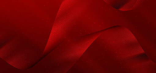 Abstract luxury glowing lines curved overlapping on dark red background.