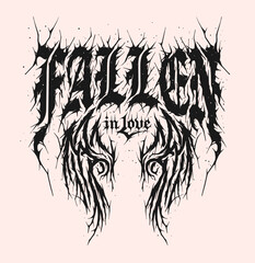fallen in love wording slogan print design illustration with tribal wings in metal grunge style