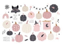 Boho Halloween - Vector Illustration In Flat Style. Autumn Macrame, Pumpkin, Cute Characters, Spooky, Decor Elements. Cute Scandinavian Decor For Children