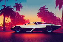 Retro Wave Vintage Car Rides On The Road Near Palm Trees Into The Sunset, Illustration In The Style Of The 80s