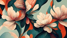 Spectacular Colorful Pastel Floral Patterns Are In Bloom. Template Of Flower Designs With Leaves And Petals. Natural Blossom Artwork Features With Multicolor And Shapes. Digital Art 3D Illustration.
