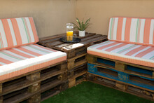 Recycled Wooden Bench Made From Old Wood Storage Pallet Diy With Cushions On Home Garden Terrace