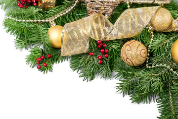 Canvas Print - Christmas toys on fir tree branch , isolated on white