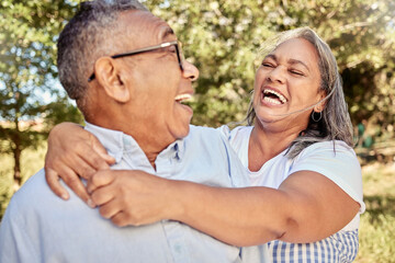 Poster - Happy, love and laugh with a senior couple having fun in a garden or park together during summer. Trees, smile and retirement with an elderly man and woman pensioner bonding while enjoying nature