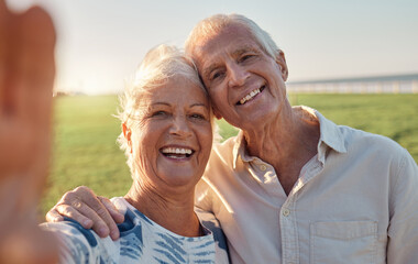 Sticker - Selfie, smile and senior couple in nature for a holiday in Argentina during their retirement together. Happy, smile and portrait of an elderly man and woman with a photo on a vacation in a park