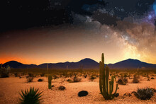 Starry Night Over The Mexican Desert,desert Cacti.