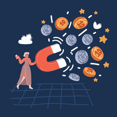 Cartoon vector illustration of woman holding a big magnet and attracting money. Investment attraction. Magnetic force. Earn money. Profit, income. various world currencies.