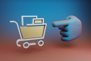 Aufkleber - Beautiful illustrations abstract Hand index finger points to Shopping Cart symbol icon on a multicolor bright background. 3d rendering illustration. Background pattern for design.
