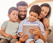 © Beaunitta V W/peopleimages.com - Family bonding, children and tablet kid game of parents and kids together on a education app. Happy people on digital games, internet and online video watching on a house sofa with technology