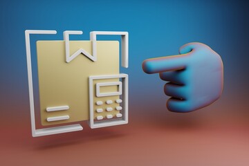 Aufkleber - Beautiful illustrations abstract Hand index finger points to Delivery Box Calculator symbol icon on a multicolor bright background. 3d rendering illustration. Background pattern for design.