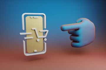 Aufkleber - Beautiful illustrations abstract Hand index finger points to smartphone Online Shopping symbol icon on a multicolor bright background. 3d rendering illustration. Background pattern for design.