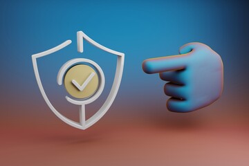 Fototapete - Beautiful illustrations abstract Hand index finger points to Security Shield symbol icon on a multicolor bright background. 3d rendering illustration. Background pattern for design.