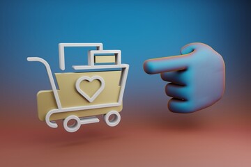Aufkleber - Beautiful illustrations abstract Hand index finger points to Shopping Cart And Heart symbol icon on a multicolor bright background. 3d rendering illustration. Background pattern for design.
