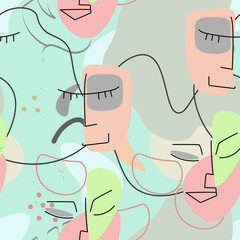 One line drawing. Abstract face seamless pattern.