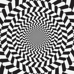 Geometric optical illusion background. Black and white circle psychedelic pattern.