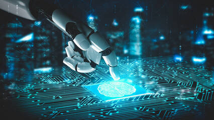 Futuristic robot artificial intelligence enlightening AI technology development and machine learning concept. Global robotic bionic science research for future of human life. 3D rendering graphic.