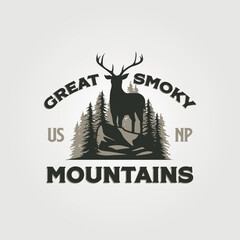 Poster - great smoky mountain vintage outdoor logo design with antler symbol on the hill