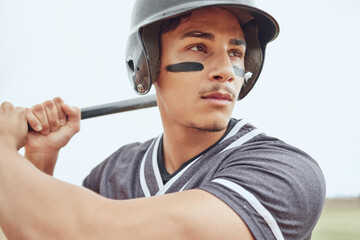 Wall Mural - Baseball player, focus and sports man with bat ready for game competition, exercise workout or practice match. Softball motivation, winner mindset or fitness athlete ready for baseball field training