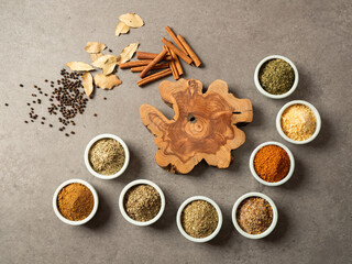 Wall Mural - Various spices, seasonings and wooden chopping boards