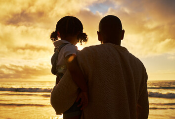 Canvas Print - Father, child and beach silhouette and sunset while on summer vacation, holiday and travel enjoying freedom, view of ocean and golden sky. Man and daughter in brazil for bonding, peace and family