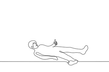 Wall Mural - lying man showing thumbs up - one line drawing vector. concept positivity in a desperate situation, tired but motivated