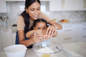 Sticker - Egg, baking and family with a mother and girl learning how to bake in the kitchen of their home together. Food, kids and cooking with a woman teaching her daughter how to be a chef or cook in a house