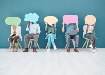 Social media, mobile chat and web contact speech bubble and mockup of office workers. Blank signs of internet advertising staff announce a sale, text campaign marketing with mock up signs