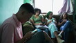 © Marco - Group of hispanic people sitting on couch looking at smartphone device. People hanging out staring at phones each person in their own technology bubble