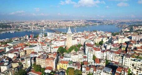 Wall Mural - Galata Tower in Istanbul, Turkey.Beautiful aerial view of the streets of the old city in Istanbul.The European part of Istanbul.Panoramic aerial drone view of the landmark in the old city of Istanbul.